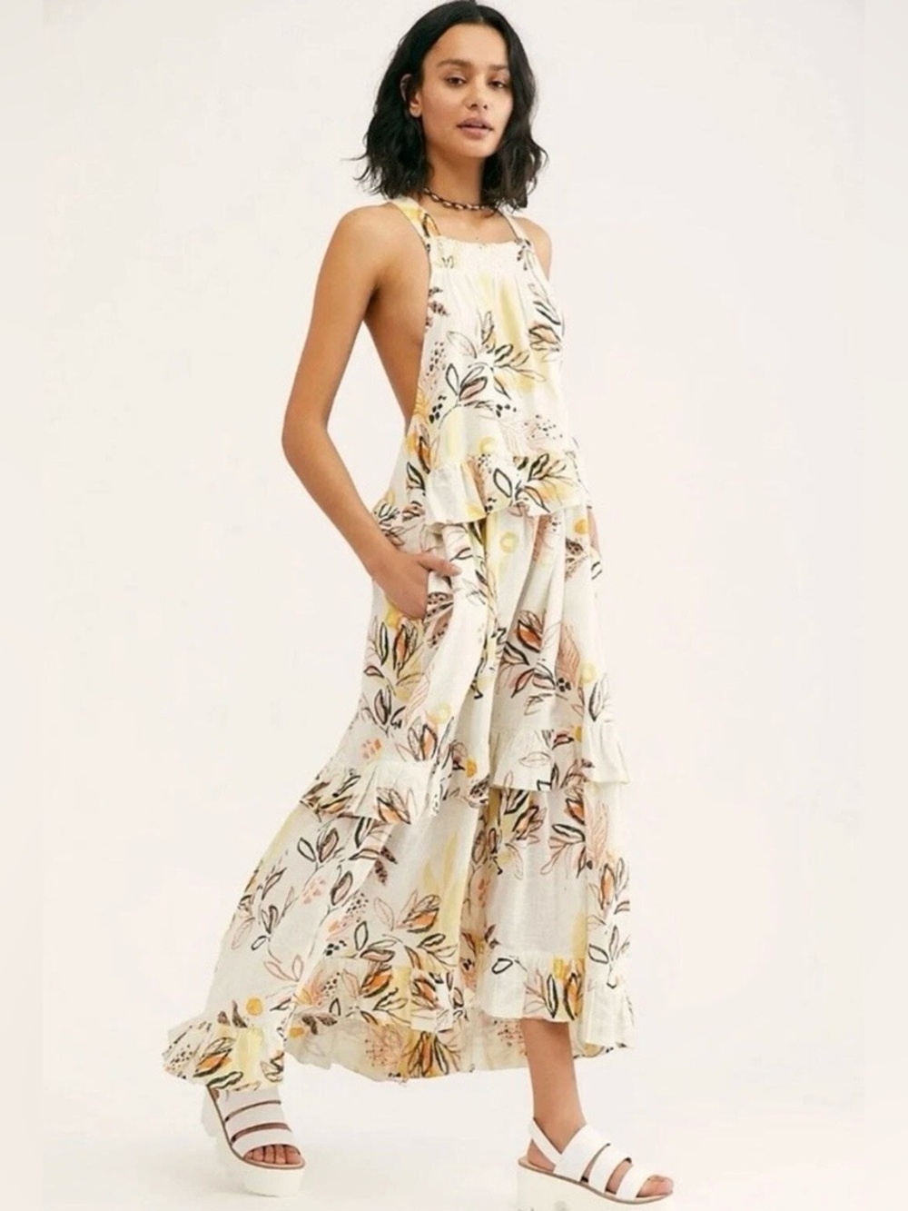 Free People Anita Floral Cotton  Ruffle Tiered Boho Maxi Dress Flowy